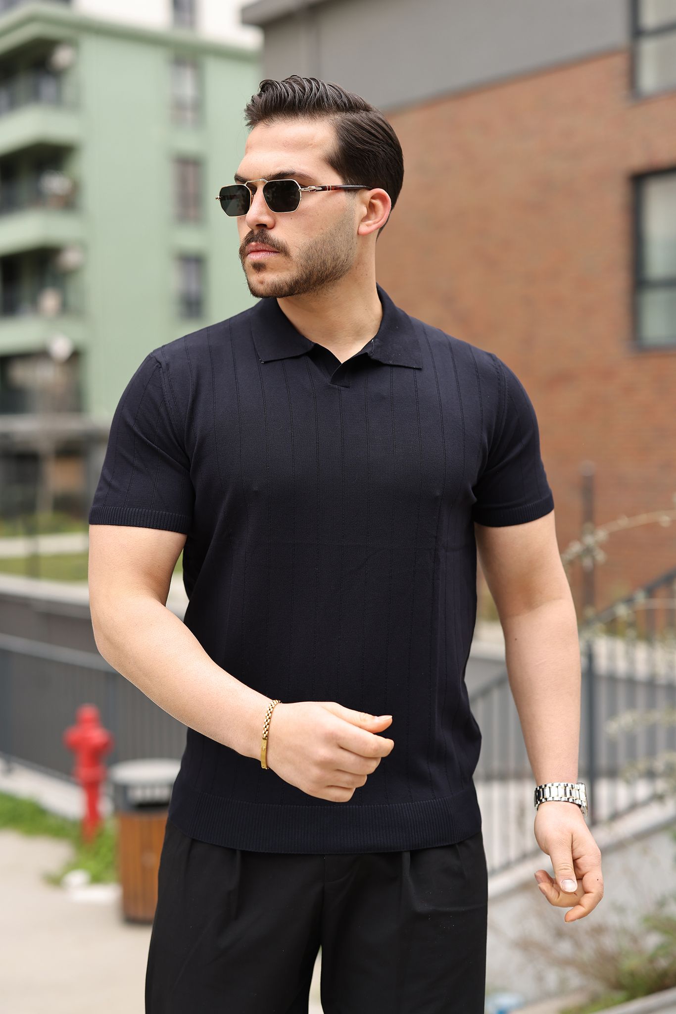 Erkek Polo Yaka Çizgili Triko T-Shirt – Modern Fit