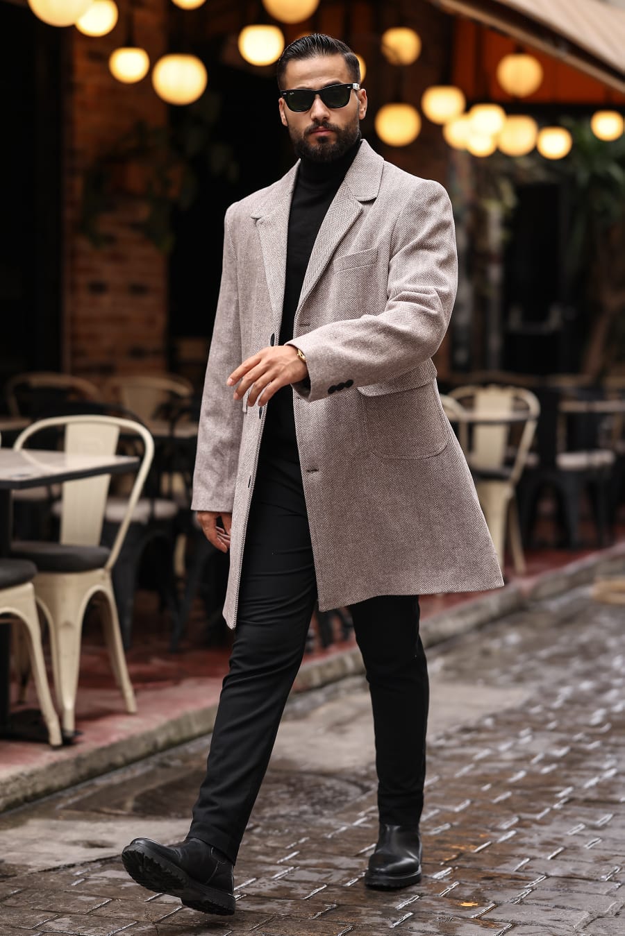 Torba cep Desenli Bej Erkek Kaşe Kaban - Kod : 2506