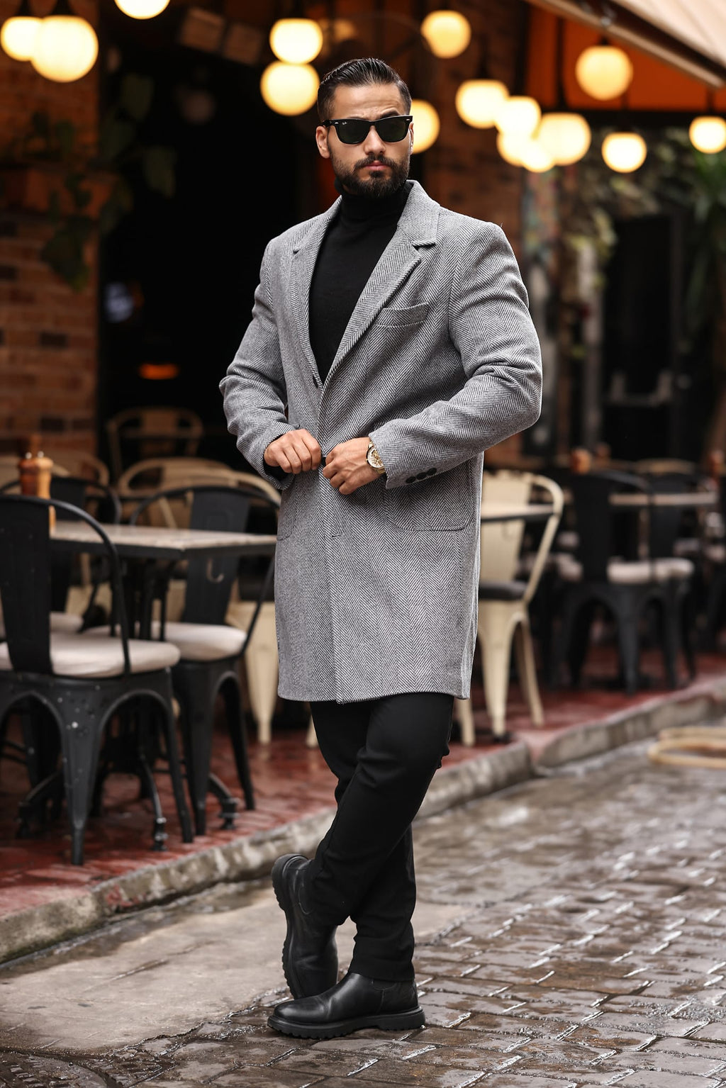 Torba cep Desenli Gri Erkek Kaşe Kaban - Kod : 2506