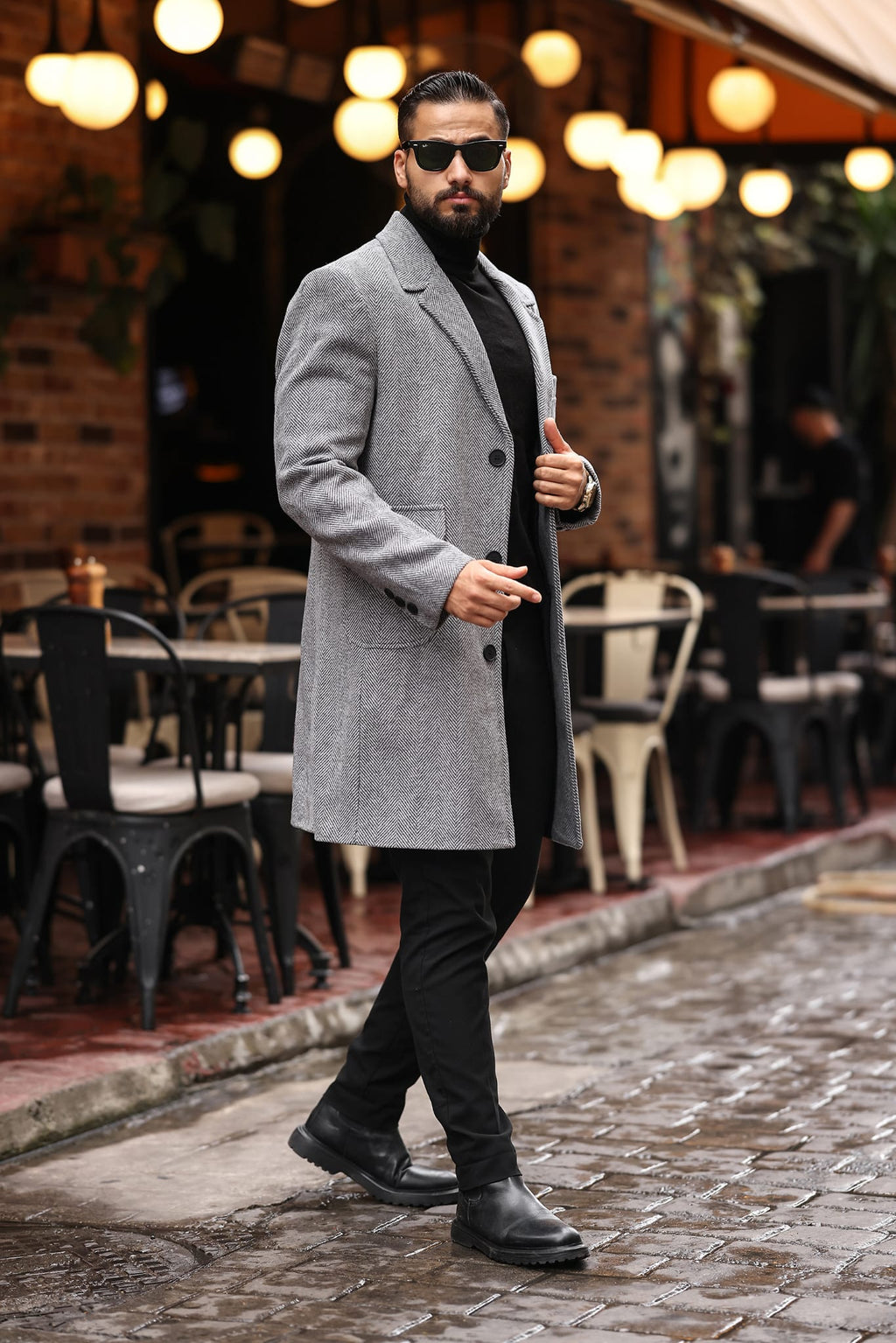 Torba cep Desenli Gri Erkek Kaşe Kaban - Kod : 2506