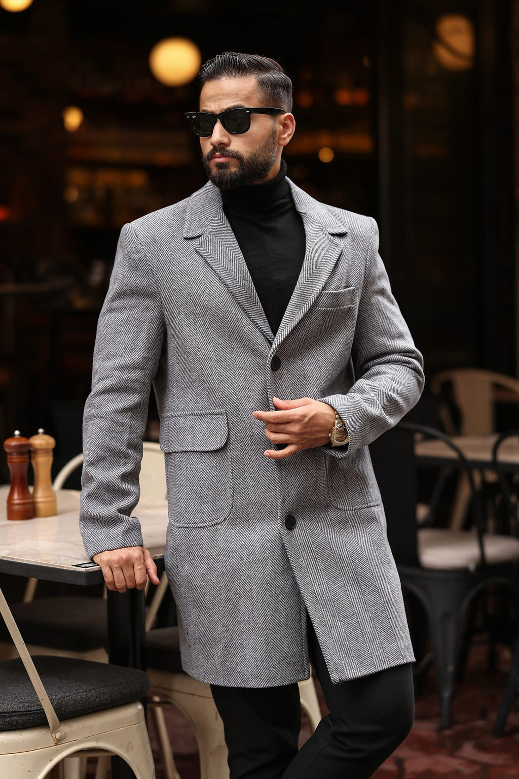 Torba cep Desenli Gri Erkek Kaşe Kaban - Kod : 2506