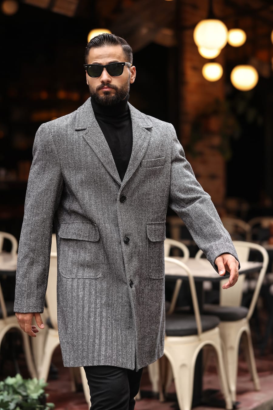 Torba cep Desenli Kahve renk Erkek Kaşe Kaban - Kod : 2506