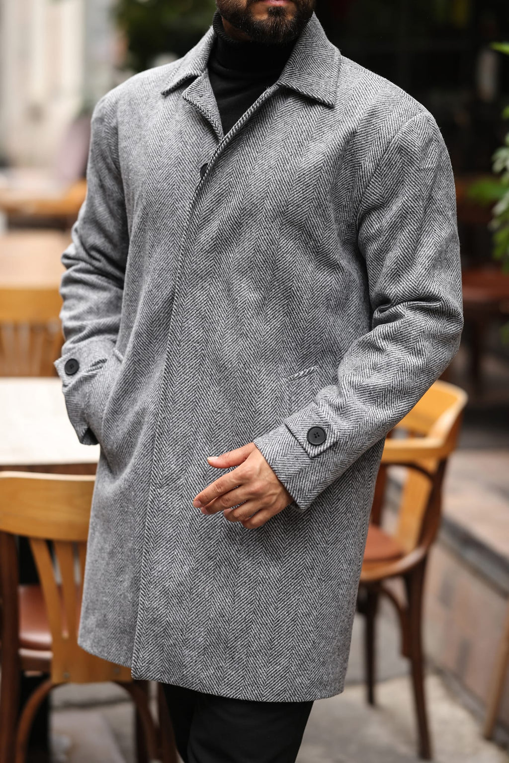 Balık Sırtı Gri Erkek Kaşe Kaban - Kod:2501