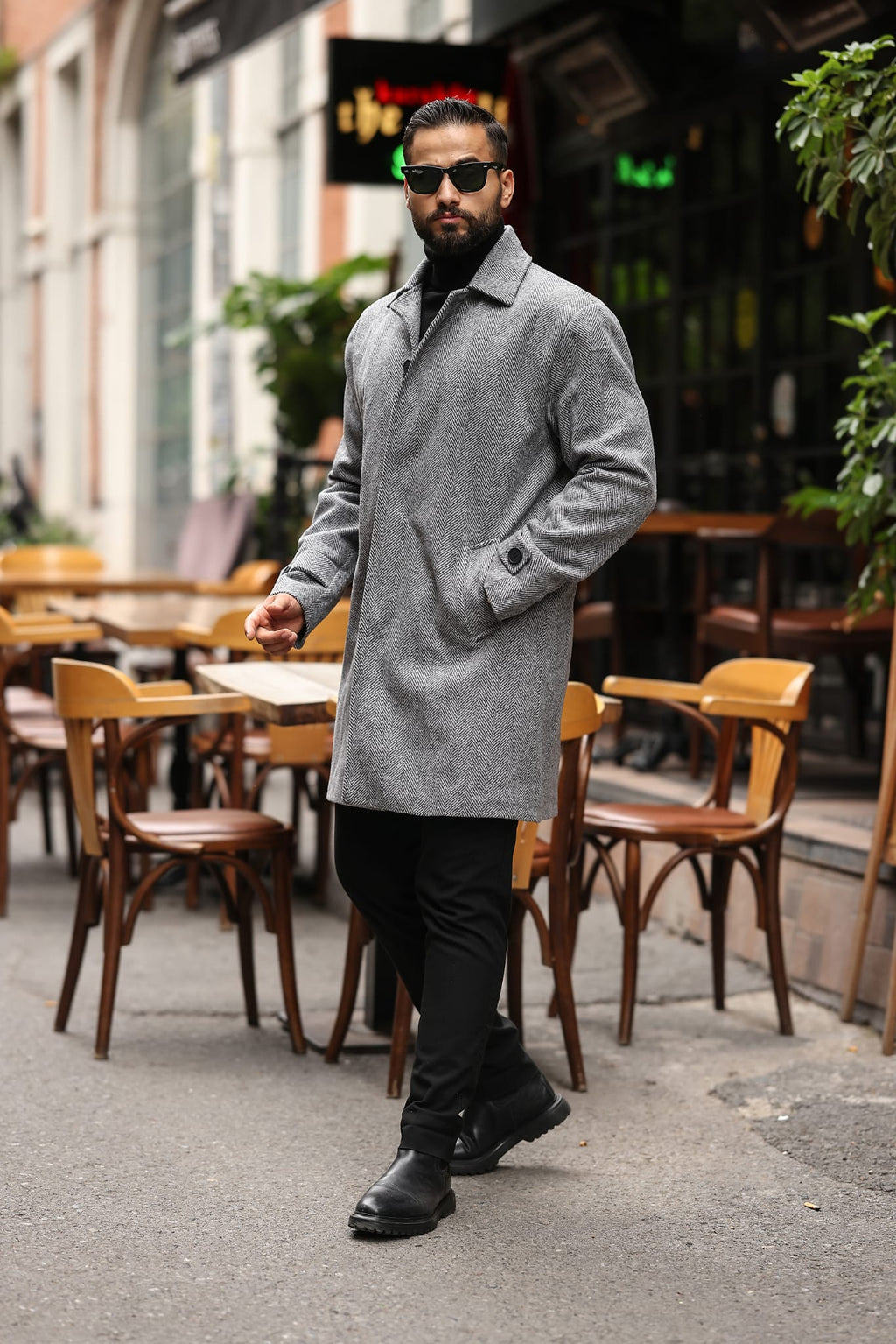 Balık Sırtı Gri Erkek Kaşe Kaban - Kod:2501