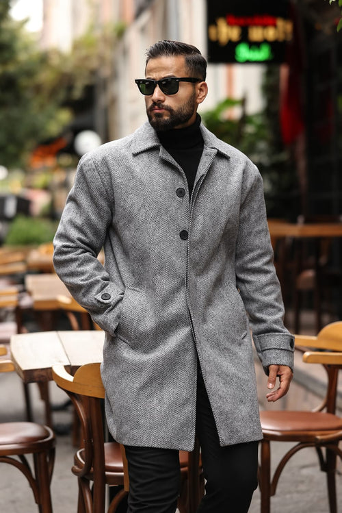 Bebe Yaka, Gizli Düğmeli, Kolda Apoletli Erkek Balıksırtı Gri Kaşe Kaban - Kod:2501